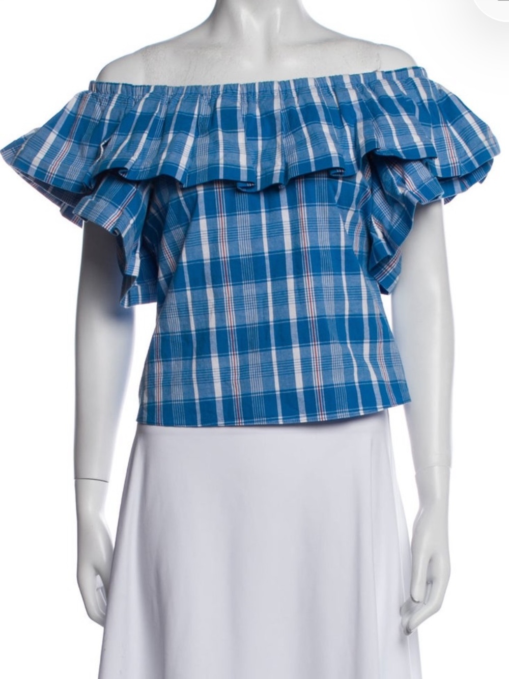 Misa Los Angelas Blue Off The Shoulder Plaid Top